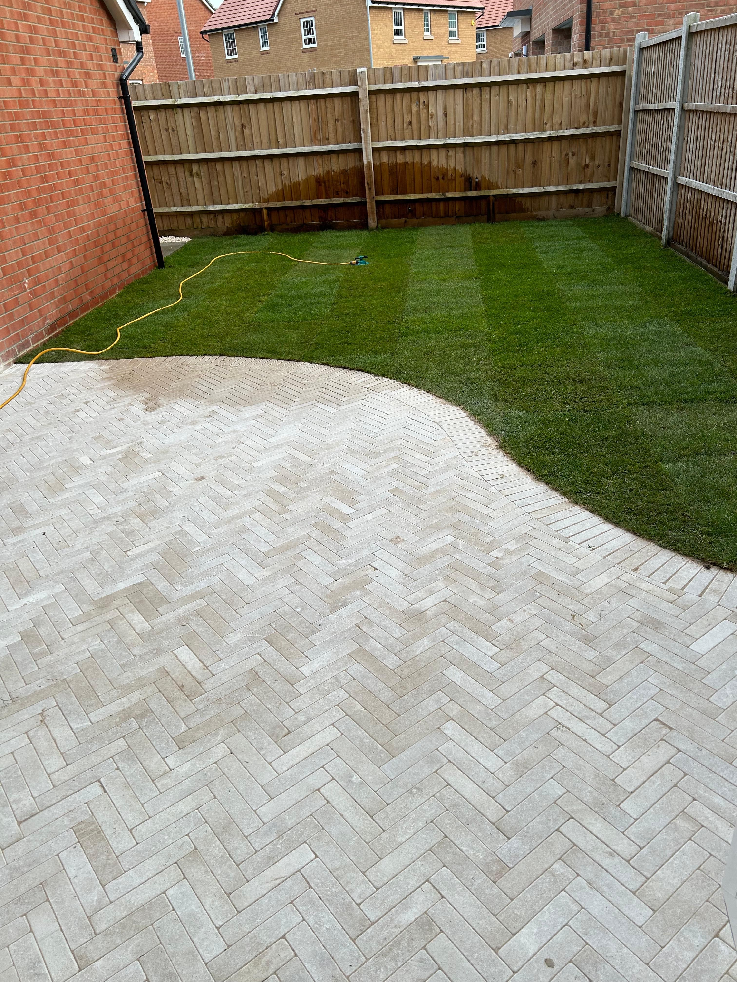 Close-up example of herringbone garden paving from the wider Progreen portfolio